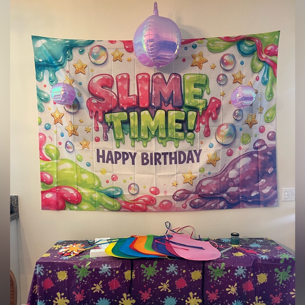SLIME Happy Birthday Backdrop (8’x6’) Table Cover + 6” slime cutouts + 10 aprons